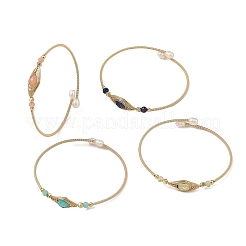 Faceted Horse Eye Natural Mixed Stone Herringbone Wire-Wrapped Brass Open Cuff Bangles with Natural Pearl for Women&nbsp;BJEW-JB14303