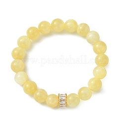 Round Natural Golden Silk Jade & Brass Micro Pave Cubic Zirconia European Beads Stretch Bracelets for Women&nbsp;BJEW-JB14057