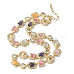 Brass Micro Pave Clear Cubic Zirconia with Multicolor Cat Eye Rectangle Square Oval Tennis Necklaces&nbsp;NJEW-G183-05G