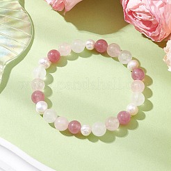 Natural Rose Quartz & Strawberry Quartz & Pearl Round Beaded Stretch Bracelets for Women&nbsp;BJEW-JB11041-05