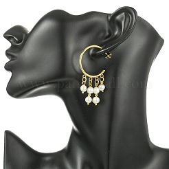 Round with C-Shaped Natural Pearl & 304 Stainless Steel Tassel Chandelier Earrings&nbsp;EJEW-JE07025