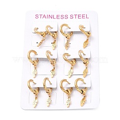 6Pairs PVD Vacuum Plating 201 Stainless Steel Feather Dangle Hoop Earrings with 304 Stainless Steel Pin for Women&nbsp;EJEW-F280-02G