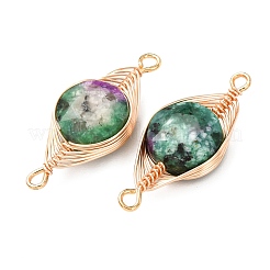 Dyed Natural Sesame Jasper Faceted Hexagonal Cut Flat Round Links Connector Charms with Copper Herringbone Wire-Wrapped&nbsp;KK-Z152-07G-08
