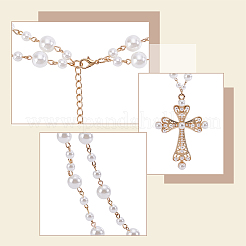 2Pcs 2 Colors Alloy and Imitation Pearl Cross Big Pendant Double-Layer Link Chain Necklaces for Women&nbsp;NJEW-AR0001-09
