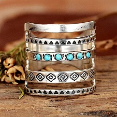 Adjustable Zinc Alloy with Synthetic Turquoise Cuff Rings, Antique Silver, Inner Diameter: Adjustable