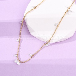 304 Stainless Steel Ball Chain Colorful Cubic Zirconia Flat Round Tassel Necklaces for Women&nbsp;NJEW-A051-03G-02