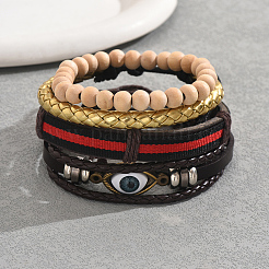 4Pcs 4 Styles Men's PU Leather Braided Bracelets & Wood Beads Stretch Bracelets Set&nbsp;PO6942