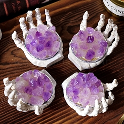 Halloween Theme Natural Amethyst Cluster on Resin Skeleton Hand&nbsp;PW-WG84B0A-01