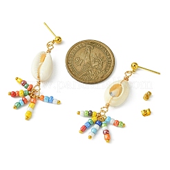 Natural Shell & Glass Seeds Dangle Stud Earrings&nbsp;EJEW-JE05408