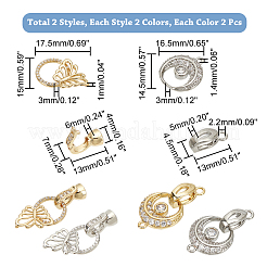 8Pcs 4 Styles Flat Round & Butterfly Brass Clear Cubic Zirconia Fold Over Clasps&nbsp;KK-DC0001-64