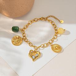 304 Stainless Steel Textured Heart Oval Charm Bracelets with Green Resin Cuboid Beads for Women&nbsp;WG56DF2-01