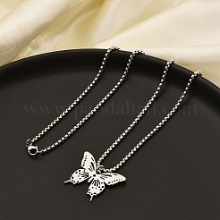201 Stainless Steel Laser Cut Butterfly Pendant Box Chain Necklaces for Women&nbsp;LS-NJEW-Q004-03P