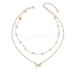 3Pcs 3 Styles 304 Stainless Steel Bowknot Pendant Natural Morganite & Amethyst & Labradorite Nuggets Link Chain Double Layer Necklaces for Women&nbsp;NJEW-JN05399