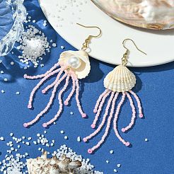 Natural Clam Shell Imitation Pearl Dangle Earrings&nbsp;EJEW-MZ00231-03