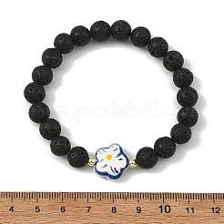 Handmade Printed Porcelain Flower & Round Natuarl Lava Rock Beaded Stretch Bracelets&nbsp;BJEW-JB14183-01