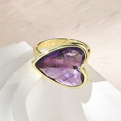Heart Brass Natural Amethyst Finger Rings&nbsp;X-RJEW-D304-01G-A