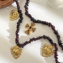 316 Surgical Stainless Steel Enamel Cross Sacred Heart Pendant Natural Garnet Chip Beaded Double Layer Necklaces for Women&nbsp;WG114DF-01