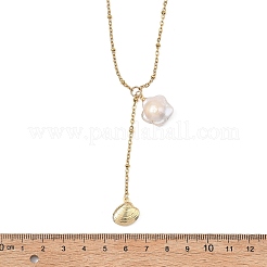 Summer Natural Baroque Keshi Pearl & 304 Stainless Steel Sea Animal Pendant Satellite Chain Y Lariat Necklaces&nbsp;NJEW-JN06049-03