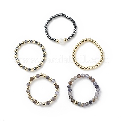 5Pcs 5 Style Natural Rainbow Moonstone & Dichroite & Synthetic Hematite Round Beaded Stretch Finger Rings Set&nbsp;RJEW-JR00527