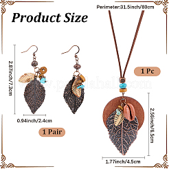 Bohemian Style Leaf Alloy & Wood Pendant Necklaces & Dangle Earrings Sets&nbsp;SJEW-CL0001-03