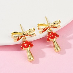 Mushroom with Bowknot Brass Enamel Dangle Stud Earrings&nbsp;EJEW-F895-25A-G
