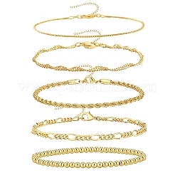 5Pcs 5 Styles Brass Chain Bracelets & Stretch Bracelets Set for Women&nbsp;BJEW-D357-03G