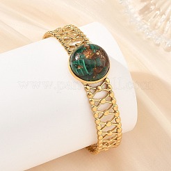 Synthetic Bronzite and Malachite Half Round 304 Stainless Steel Hollow Cuff Bangle for Women&nbsp;BJEW-JB14491-01