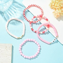 5Pcs 5 Style Word Love Acrylic & Brass Heart & Polymer Clay Disc Beaded Stretch Bracelets Set for Valentine's Day&nbsp;BJEW-TA00314