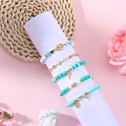 5Pcs 5 Style Handmade Polymer Clay Stretch & Brass Beaded & Alloy Link Chain Bracelets Set&nbsp;BJEW-SZ0001-66C