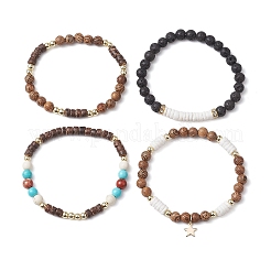 4Pcs 4 Styles Wood & Natural Lava Rock Round Beaded Stretch Bracelet Sets&nbsp;BJEW-JB10811