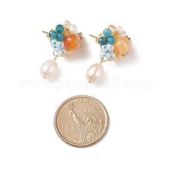 Natural Carnelian & Apatite Beaded Flower with Shell Pearl Dangle Stud Earrings&nbsp;EJEW-TA00163