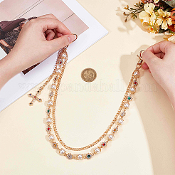 1Pc Alloy Colorful Rhinestone Flower & Plastic Pearl Link Chain Double Layer Pants Chains with Cross Charms&nbsp;AJEW-GF0012-75