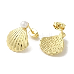 Rack Plating Brass & Round Glass Pearl Beach Shell Shaped Stud Earrings for Women&nbsp;EJEW-P280-28G