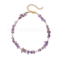 Natural Amethyst Chip & Glass Beaded Anklets&nbsp;AJEW-AN00682-02
