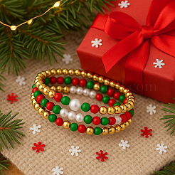 3Pcs Saint Patrick's Day Brass & Resin & Imitation Pearl Round Beads Stretch Bracelets for Women Men&nbsp;DU8017