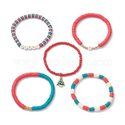5Pcs 5 Styles Christmas Handmade Polymer Clay Beaded Stretch Bracelets Sets&nbsp;BJEW-TA00489