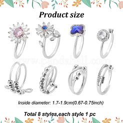 8Pcs 8 Style Flower & Butterfly & Diamond Rhinestone Rotating Open Cuff Rings Set with Glass&nbsp;RJEW-AN0001-12