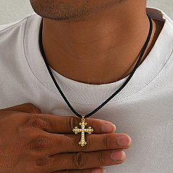 Brass & Imitation Pearl Cross Pendant Black Cord Necklaces for Men&nbsp;LI2000-1