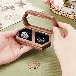 Hexagon Shaped Wooden Couple Ring Organizer Cases with Magnetic Visible Window Lids&nbsp;CON-WH0099-74