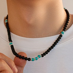 6MM Round Synthetic Turquoise and Frosted Black Stone Beaded Necklaces for Men&nbsp;FQ0489-2