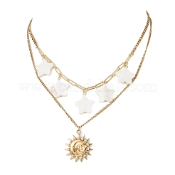 304 Stainless Steel Moon Sun & Natural Freshwater Shell Star Pendant Double Layer Necklaces for Women&nbsp;NJEW-JN05404