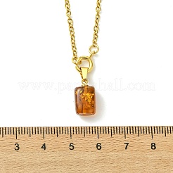 Natural Amber Cuboid Pendant 304 Stainless Steel Cable Chain Necklaces with Spring Ring Clasps&nbsp;NJEW-JN06064