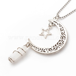 Natural White Jade Bullet with Alloy Moon and Star Pendant Necklace&nbsp;NJEW-JN03912-01