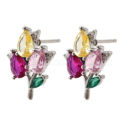 Brass Micro Pave Cubic Zirconia Flower Stud Earrings&nbsp;EJEW-P322-12P