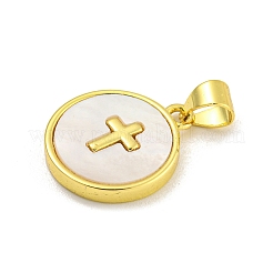 Rack Plating Brass Pave Nature Shell Cross Pendants&nbsp;X-KK-C074-34G