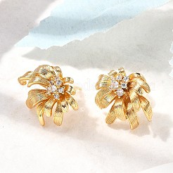 Flower Brass Micro Pave Cubic Zirconia Stud Earrings&nbsp;EJEW-B148-08A-G