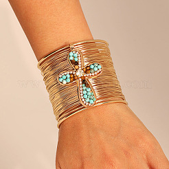 Alloy & Synthetic Turquoise & Natural Tiger Eye Beads Cuff Bangles&nbsp;FS-WGA88C7-01