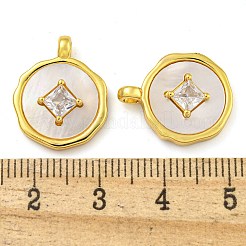 Flat Round Coin Shape Brass Cubic Zirconia Pendants with Shell&nbsp;KK-D534-06G