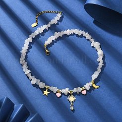 Alloy Enamel & 304 Stainless Steel & Brass Bib Necklace with Natural Rose Quartz Chip Beaded Chains&nbsp;NJEW-JN04434