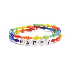 Colorful Acrylic Word & Glass Seed Beaded Wrap Bangle&nbsp;BJEW-JB08561